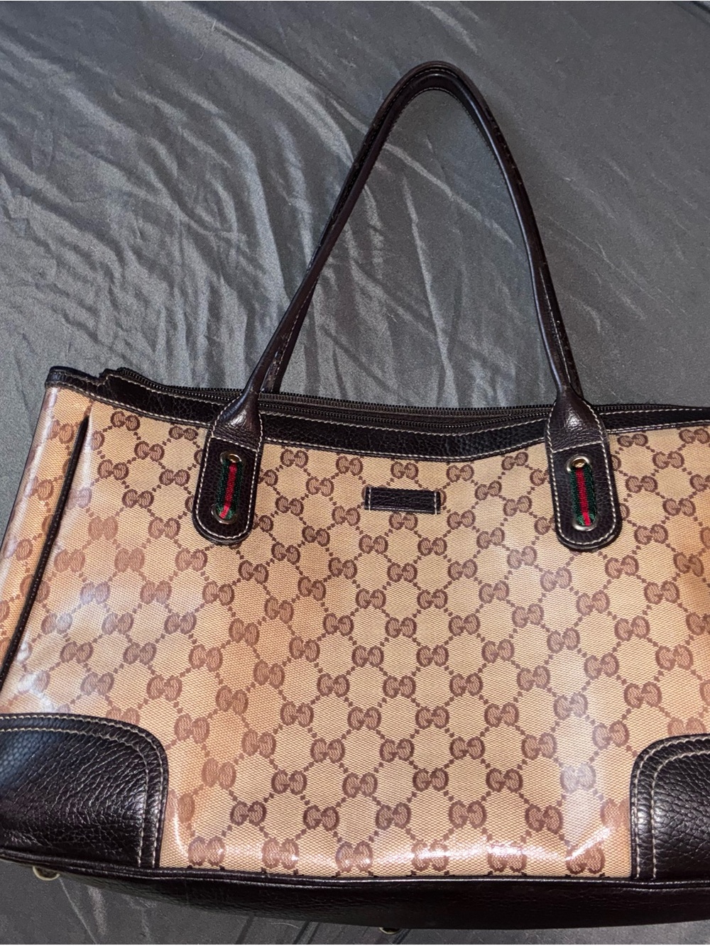 Gucci Beige and Dark Brown GG Supreme Canvas Tote with Web Detail